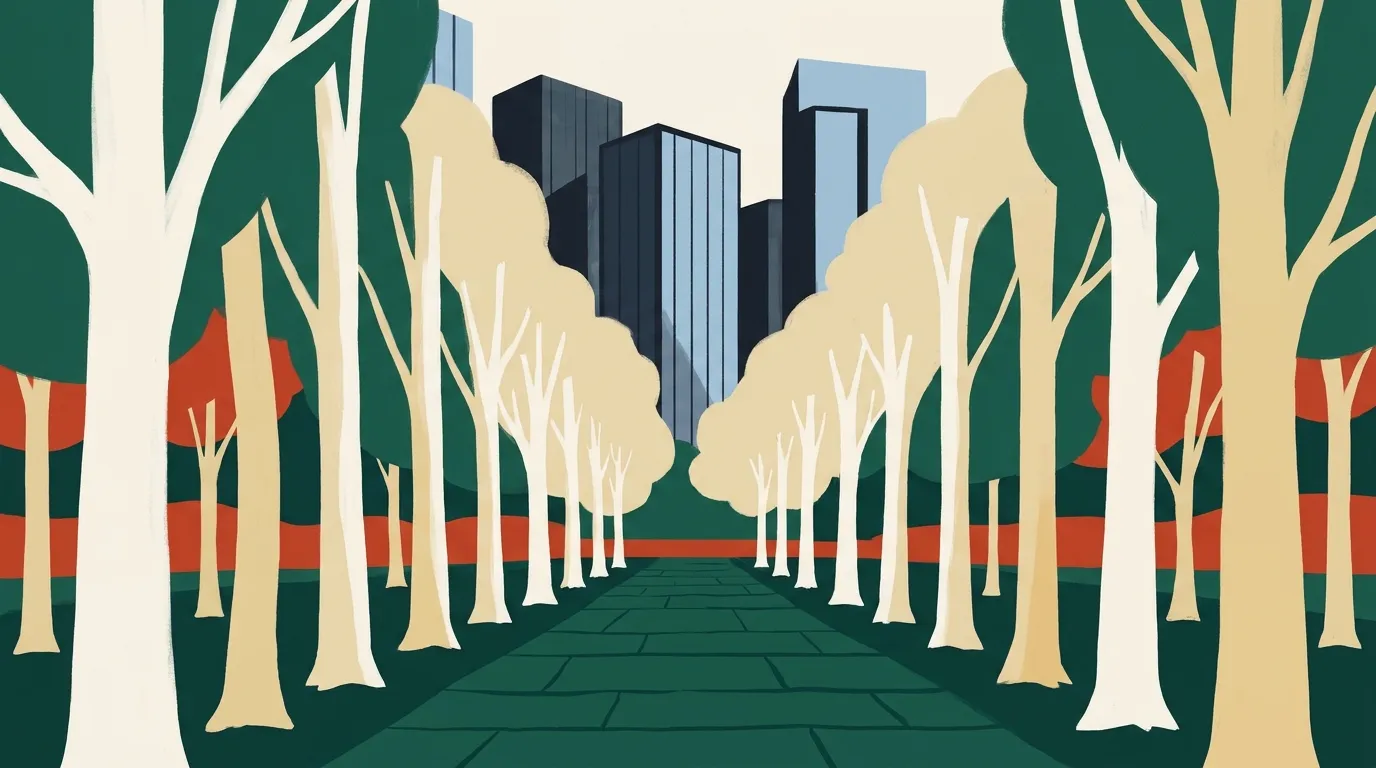 A tree-lined park avenue leads toward a cluster of jade and slate city towers