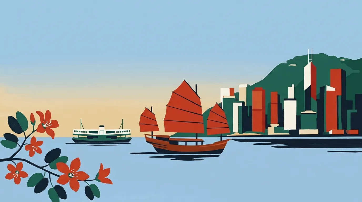 Red-sailed junk boat and ferry glide past Hong Kong's hillside skyline with flowering branches