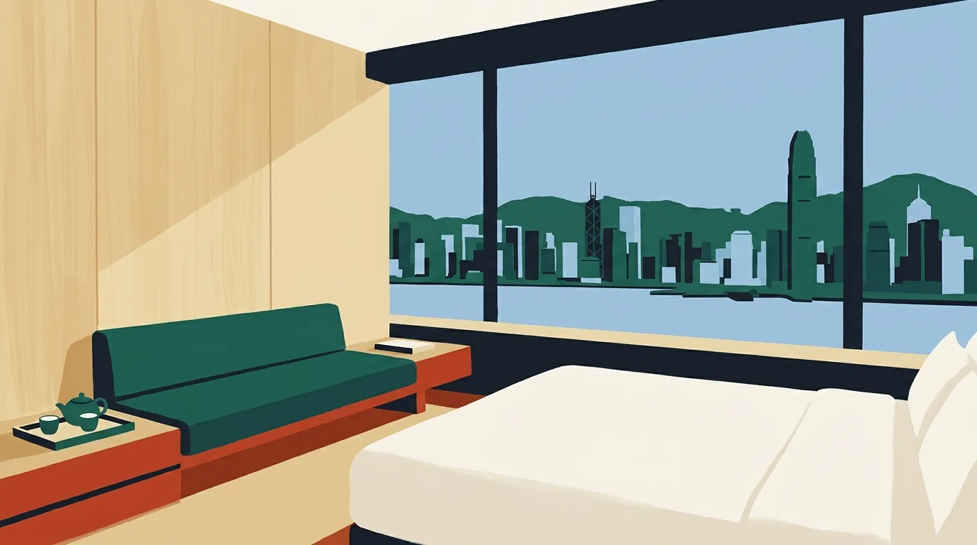 A hotel room with a green sofa and teapot overlooks a dense city skyline through tall windows